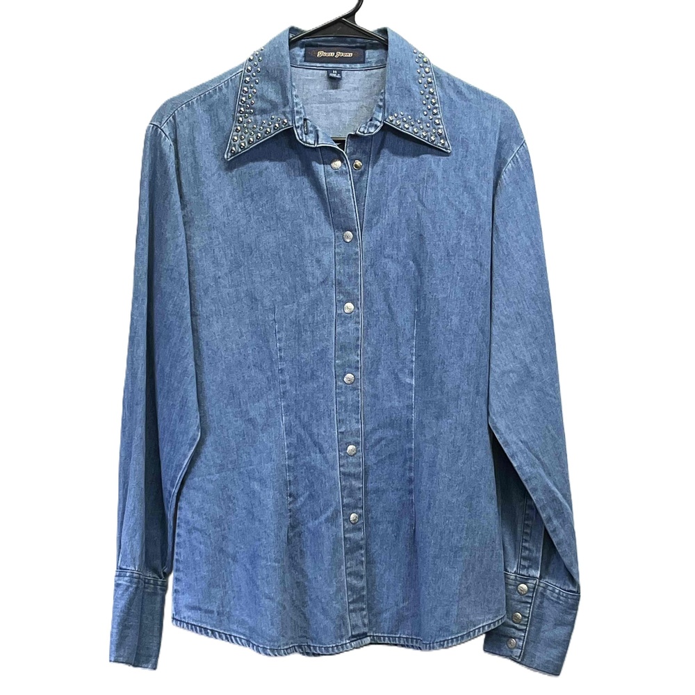 Guess Womens Vintage Denim Studded Collar Long Sleeve Snap Down‎ Shirt Medium